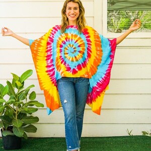 Hand Dyed Kaftan Tunic Dress, Asymmetrical Boho Dress, Tie Dye Poncho Blouse, Tie Dye Clothing, Oversize Kaftan, Loungewear