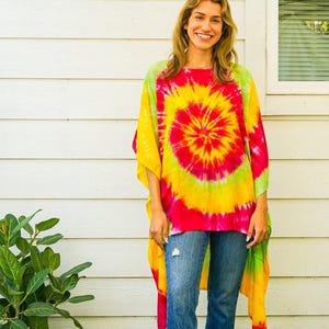 Flowing Freedom | Hand Dyed Duster Kaftan Tunic, Asymmetrical Boho Dress, Tie Dye Poncho, Oversize Kaftan Dress, Beach Wear, Loungewear