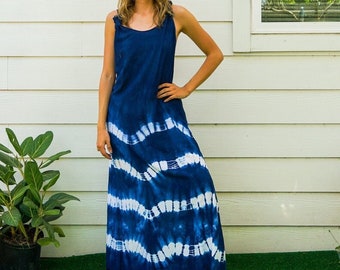 Shibori Indigo Hand Dyed Dress, Racerback Knot Dress, Summer Wear, Beach Wear, Beach Dress, Loose Fitting Dress, Tie Dye Maxi Dress