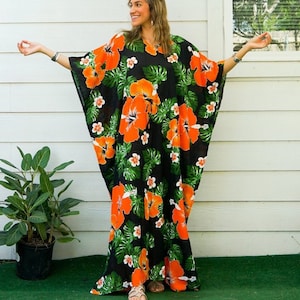 Hibiscus Monstera Boho Kaftan Dress, Loose Fit Kaftan Dress, Beachwear, Loungewear, Summer Clothing, Swimsuit Cover Up, Hawaiian Caftan