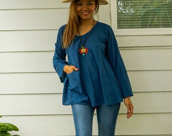 Cotton Gauze Long Sleeve Summer Blouse with Pocket, Loose Fit Cotton Top Tunic, Boho Minimal Shirt, Boho Clothing