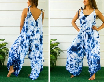 Wolkenbruch | Indigo Hand gefärbt Boho Jumpsuits Strampler Hosen, Hippie Overall, Jumpsuit mit breiten Beinen, Loungewear, Boho Kleidung, Strandkleidung