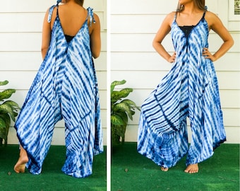 Azure Shibori | Hand Dyed Hippie Jumpsuits Rompers Pants, Loungewear, Wide Legs Jumpsuits, Summer Clothing, Beach Wear