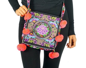 Handmade Pom Pom Crossbody Bag Satchel, Woman Gift, Embroidered Boho Bag Hmong Fabric