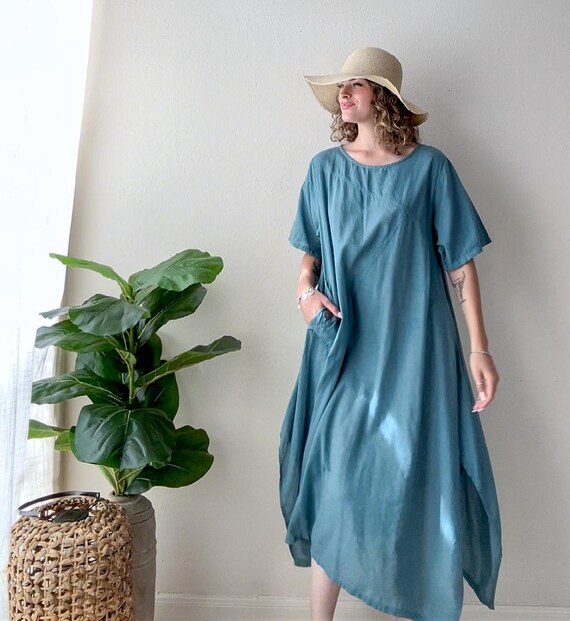 gauze maxi dress with pockets Dusty Teal Cotton Gauze Dress with Pocket | Relaxed Boho Maxi Dress