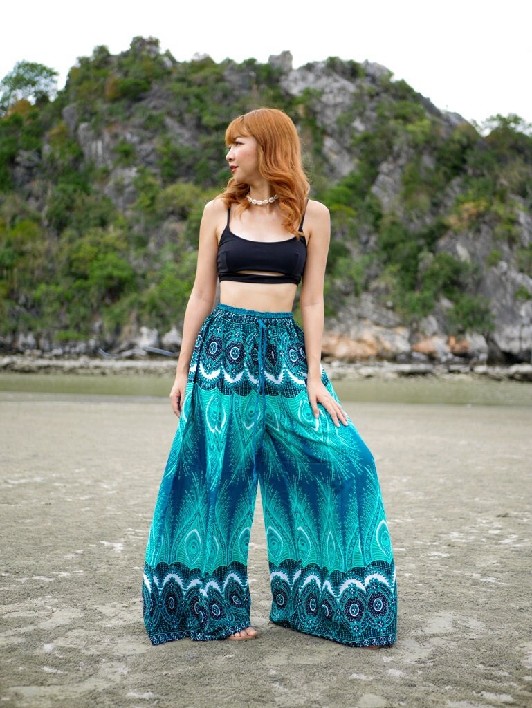 Turquoise Teal Blue Peacock Wide Leg Palazzo Pants, Elastic Waist