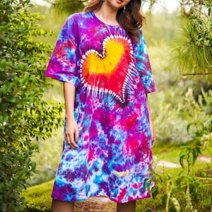 Wanderlust Heart Hand Dyed Boho Cotton Dress with Pockets, Hippie Oversized Tunic Kaftan Shirtdress, Tie Dye Clothing, Loungewear