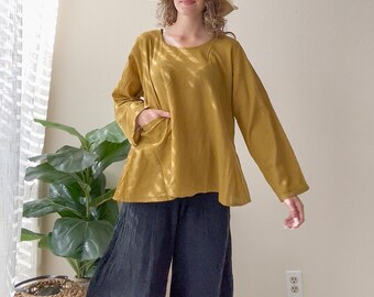Organic Cotton Gauze Blouse with Pocket | Minimalist Boho Tunic Top | Relaxed Natural Cotton Shirt for Women