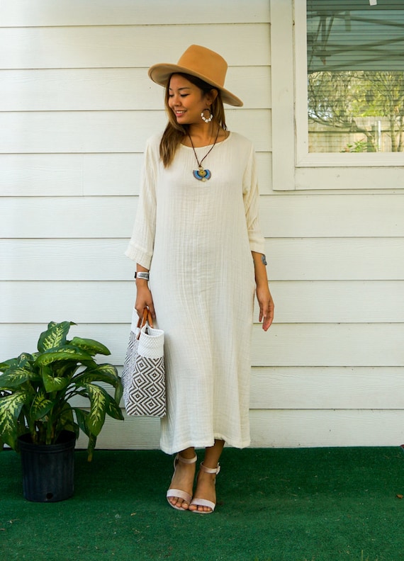Natural Double Gauze Cotton Dress with Pockets / Boho Dress / Cotton Maxi Dress, Maternity Dress / Boho Clothing