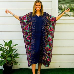 Navy Blue Floral Blossom Kimono Kaftan Dress, Loose Fit Boho Dress, Beachwear, Loungewear, Swimsuit Cover Up, Boho Poncho, Boho Clothing