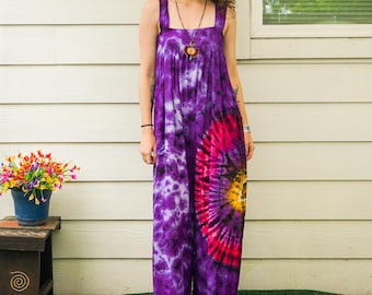 Mono Dreamberry Sky Boho teñido a mano, mono hippie tie-dye, monos harem con estampado tie-dye, ropa bohemia, ropa tie-dye