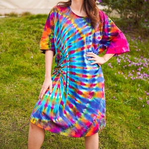 Rainbow Rhapsody Hand Dyed Boho Cotton Dress with Pockets, Hippie Oversized Tunic Kaftan Shirtdress, Tie Dye Clothing, Loungewear