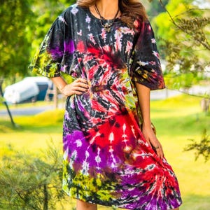 Earth & Ember Hand Dyed Boho Cotton Dress with Pockets, Hippie Oversized Tunic Kaftan Shirtdress, Tie Dye Clothing, Loungewear