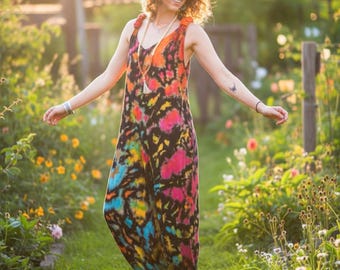 Mono con bolsillos teñido a mano con cielo estrellado, pantalones hippies, mono bohemio, ropa para festivales.