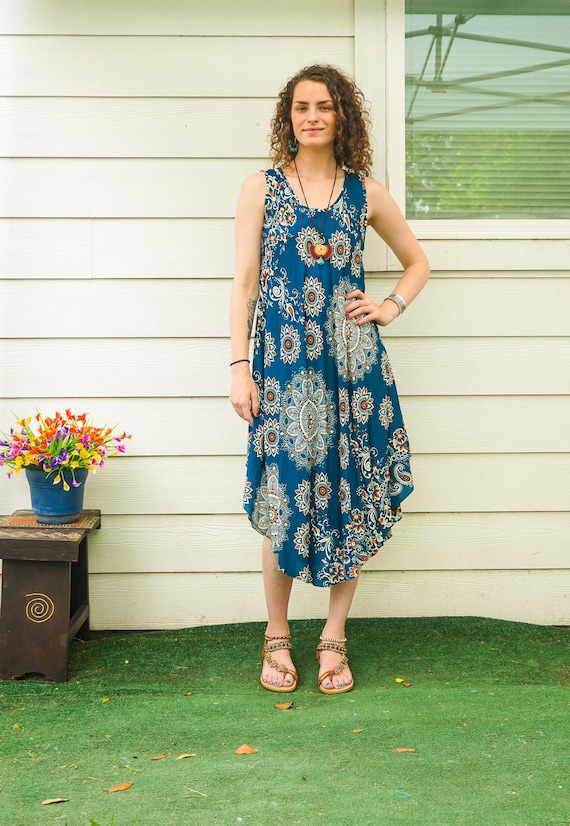 Turquoise Mandala Paisley Boho Dress, Beach Sundress, Summer Midi Dress,  Boho Clothing, Vacation Dress