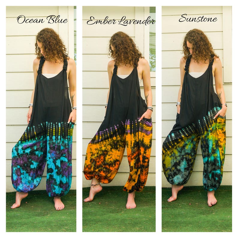 Boho Hand Dyed Boho Dungarees Overalls Jumpsuit with Pockets, Tie Dye Romper, Hippie Boho Clothing, Tie Dye Pants, Festival Clothing image 5