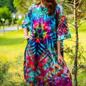 Sunkissed Rainforest Hand Dyed Boho Cotton Dress with Pockets, Hippie Oversized Tunic Kaftan Shirtdress, Tie Dye Clothing, Loungewear