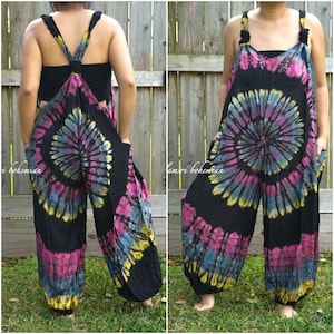 Hand Dyed Dungarees Overalls Jumpsuit, Tie Dye Romper, Hippie Clothing, Tie Dye Harem Pants Rompers, Festival Clothing, Tie Dye Clothing