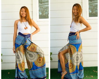 Celestial Mandala Palazzo Wrap Pants, Boho Pants, Beach Pants, Harem Flow Pants,  Open Flow Genie Pants, Bohemian Flow Pants