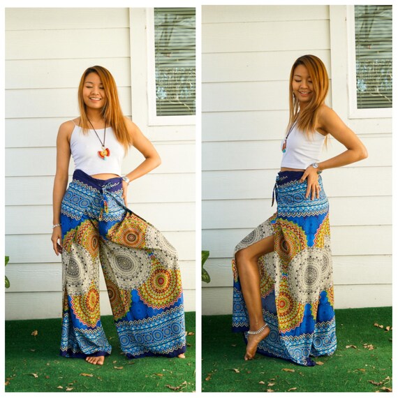 Pantaloni palazzo avvolgenti con mandala celeste, pantaloni boho