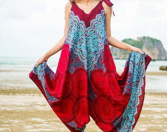 Red Mandala Jumpsuit Rompers Pants, Wide Leg Summer Boho Jumpsuit, Yoga Harem Pants Jumpsuit,Hippie Jumpsuit, Loungewear