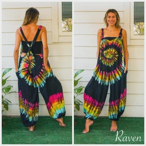 Boho handgeverfde tuinbroek overall jumpsuit met zakken, tie-dye romper, bohokleding, tie-dye broek, festivalkleding
