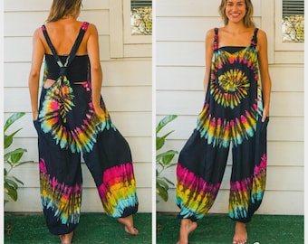 Boho Hand Dyed Dungarees Overalls Jumpsuit with Pockets, Tie Dye Romper, Boho Clothing, Tie Dye Pants, Festival Clothing
