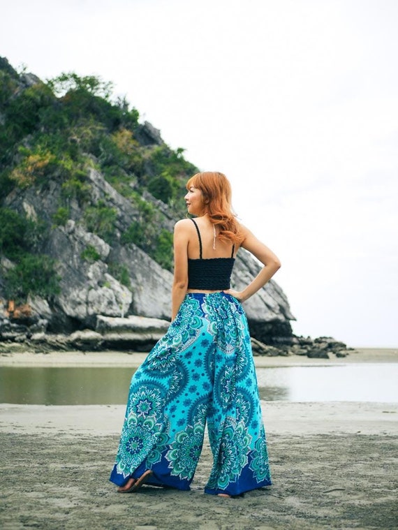 Buy Turquoise Floral Mandala Wide Leg Palazzo Pants, Elastic Waist