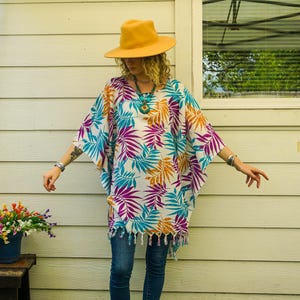 Orchid & Gold Palms Kaftan Blouse , Oversize Boho Tunic Tops, Beachwear, Boho Clothing, Poncho, Loungewear, Beach Kimono Cover Ups