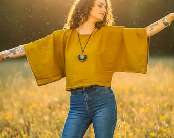 Raw Natural Cotton Gauzed Crop Top, Summer Kimono Blouse, Loose Fit Tunic Top, Cotton Shirt, Minimal Tops, Cotton Clothing