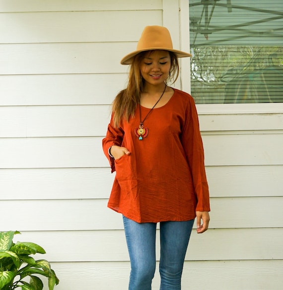 Rust Raw Natural Cotton Long Sleeve Blouse With Pocket, Cotton