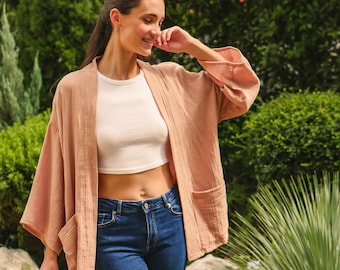 Raw Natural Crinkled Double Gauze Cotton Kimono Blouse Cardigan with Pockets, Boho Minimalist Cotton Tunic Top Cover Ups, Boho Clothing