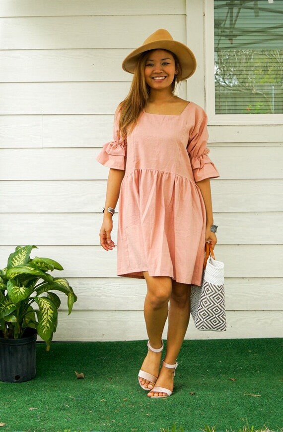 cotton boho midi dress Moxiu Women's Summer Cotton Boho Midi Dress Casual Eyelet Lace Patchwork V Neck Loose Half Sleeve Beach Dresses with Pockets Beige,XL