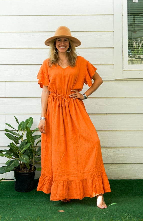 chinese dress ladies Embroidered Maxi Dress In Spring Green Burnt Orange Or Baby Pink 3/4 B   Made4Walkin