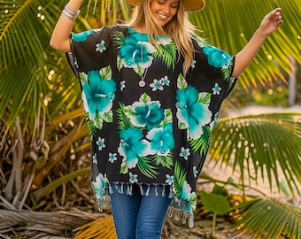 Hibiscus Tropical Kaftan Blouse , Oversize Boho Tunic Top, Beachwear, Boho Clothing, Hawaiian Poncho, Loungewear, Beach Kimono Cover Up