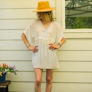 Ivory Semi Sheer Beach Swimsuit Cover Up , Oversize Boho Tunic Kaftan, Beachwear, Boho Clothing, Poncho, Loungewear
