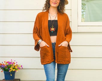 Raw Natural Crinkled Double Gauze Cotton Kimono Blouse Cardigan with Pockets, Boho Minimalist Cotton Tunic Top Cover Ups, Boho Clothing