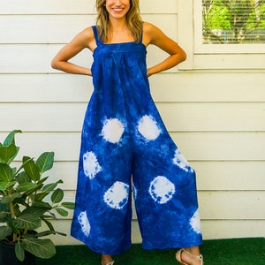 Indigo Splash | Shibori Hand Dyed Dungarees Overalls Jumpsuit, Tie Dye Romper, Tie Dye Harem Pants Rompers, Boho Clothing, Tie Dye Clothing