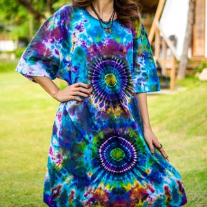Painted Dream Hand Dyed Boho Cotton Dress with Pockets, Hippie Oversized Tunic Kaftan Shirtdress, Tie Dye Clothing, Loungewear