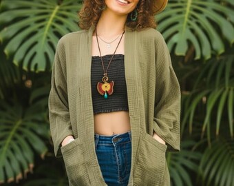 Raw Natural Double Gauze Crinkled Cotton Kimono Blouse Cardigan with Pockets, Boho Minimalist Cotton Tunic Top Cover Ups, Boho Clothing