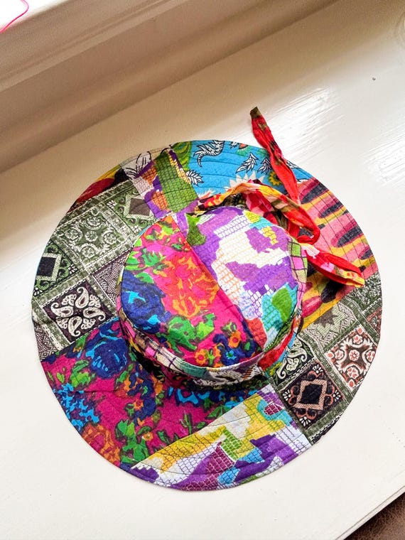 Patchwork Boho Wide Brim Hat, Colorful Floral Sun Hat  display picture 2