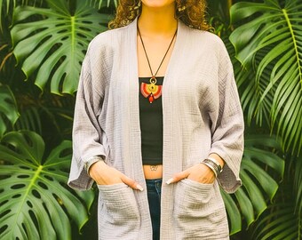 Raw Natural Crinkled Double Gauze Cotton Kimono Blouse Cardigan with Pockets, Boho Minimalist Cotton Tunic Top Cover Ups, Boho Clothing