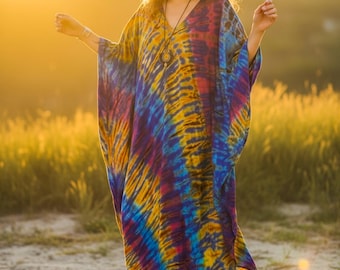 Rainbow Horizon | Hand Dyed Kaftan Dress, Loose Fit Tie Dye Dress, Tie Dye Clothing, Oversize Kaftan Dress, Tye Dye Poncho, Loungewear