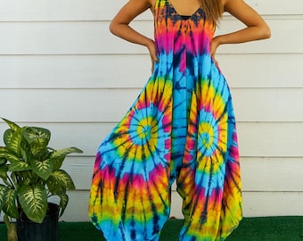 Monos hippies bohemios teñidos a mano, pantalones, monos hippies, vestidos bohemios de pierna ancha, ropa teñida para festivales