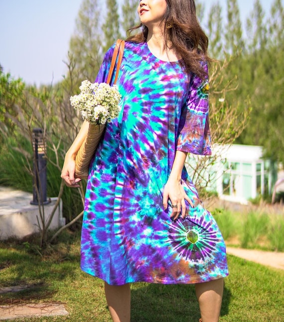 Boho Blue Hand Dyed Cotton Dress With Pockets, Hippie Oversized