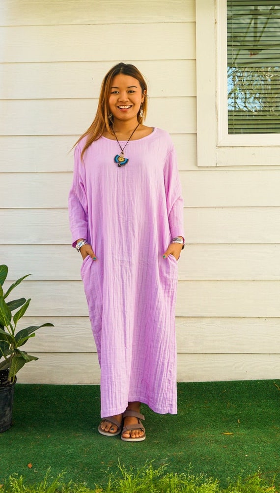 Lavender Double Gauze Cotton Dress With Pockets Boho Dress Cotton Maxi Dress Maternity Dress Boho Clothing Etsy