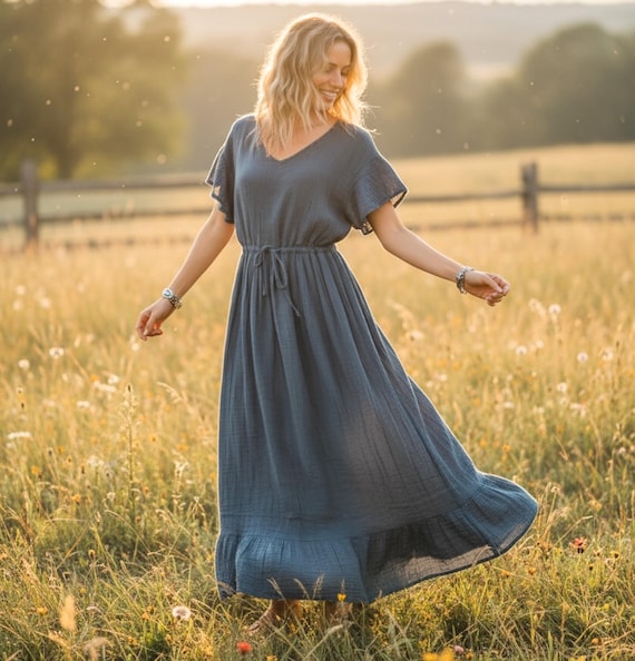 Dusty Navy Triple Gauzed Boho Maxi Cotton Dress / Boho Clothing / Maternity Dress / Cotton Sundress Maxi Dress Dusty Navy Triple Gauzed Boho Maxi Cotton Dress / Boho Clothing / Maternity Dress / Cotton Sundress Maxi Dress