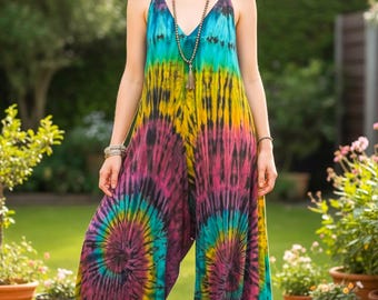 Sun & Moon handgefärbte Boho Taschen Jumpsuits Strampler Hosen, Hippie Overalls, Weite Beine Boho Overalls Kleid, Festival Tie Dye Kleidung
