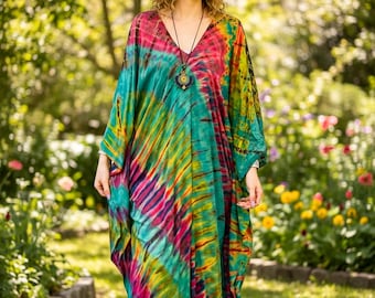 Sukienka kaftan barwiona ręcznie, luźna sukienka tie-dye, odzież tie-dye, sukienka kaftan oversize, ponczo tie-dye, odzież domowa