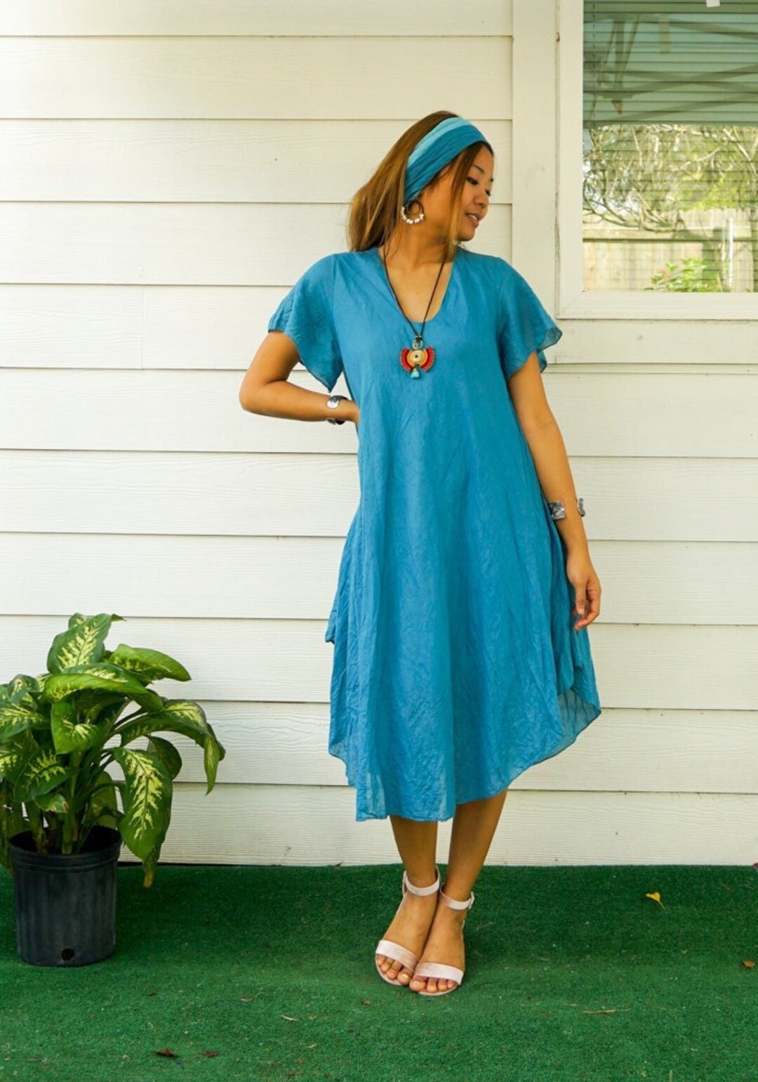 crinkle cotton dress V-Neck Crinkle Cotton Easy Dress